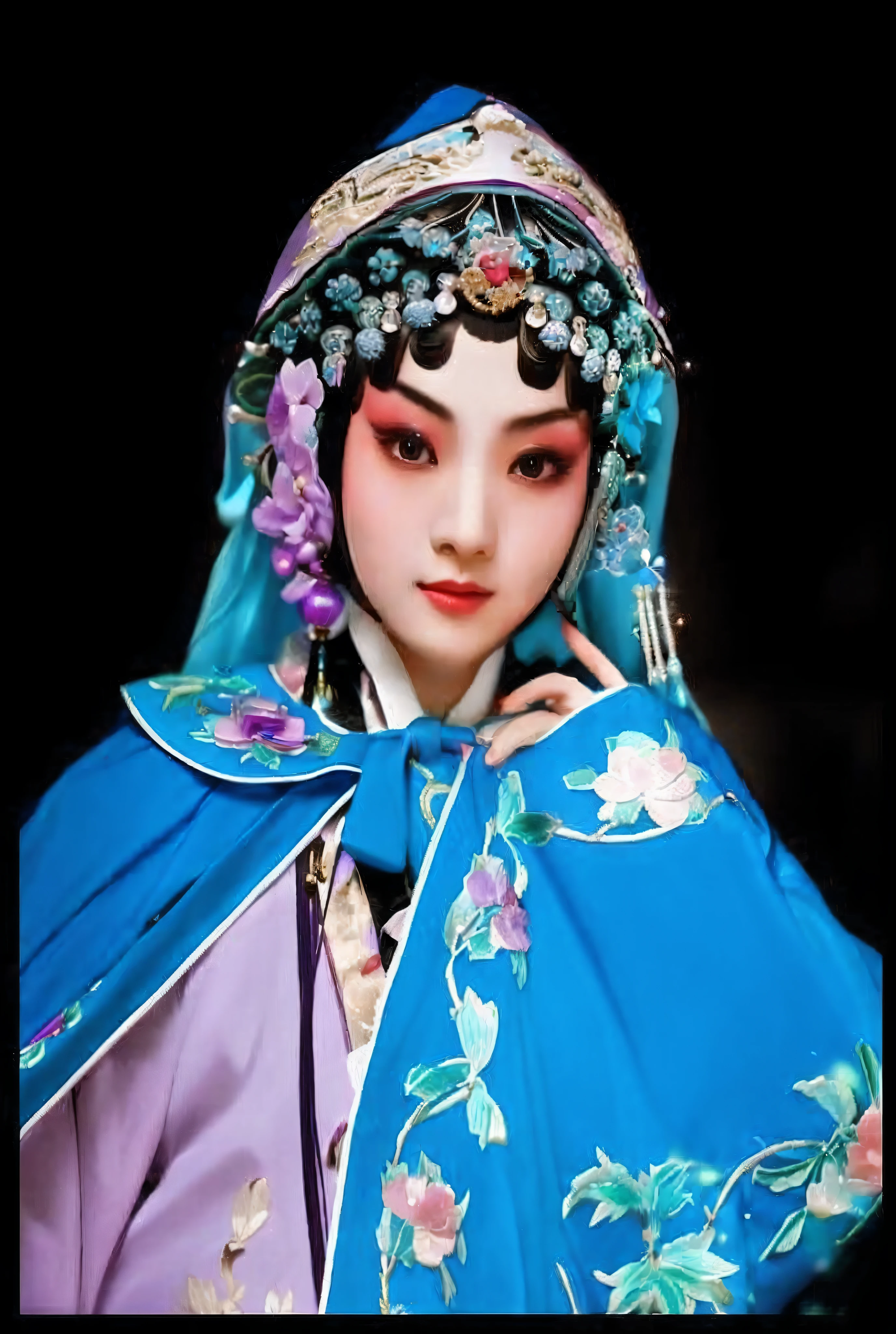 a close up of a woman wearing a blue and purple costume, peking opera, chinese empress, ancient chinese beauties, traditional chinese, chinese princess, chinese costume, chinese woman, ancient chinese princess, traditional chinese clothing, beautiful image, wearing ancient chinese clothes, traditional makeup, traditional beauty, ancient china art style, ancient chinese goddess, oriental face, bian lian