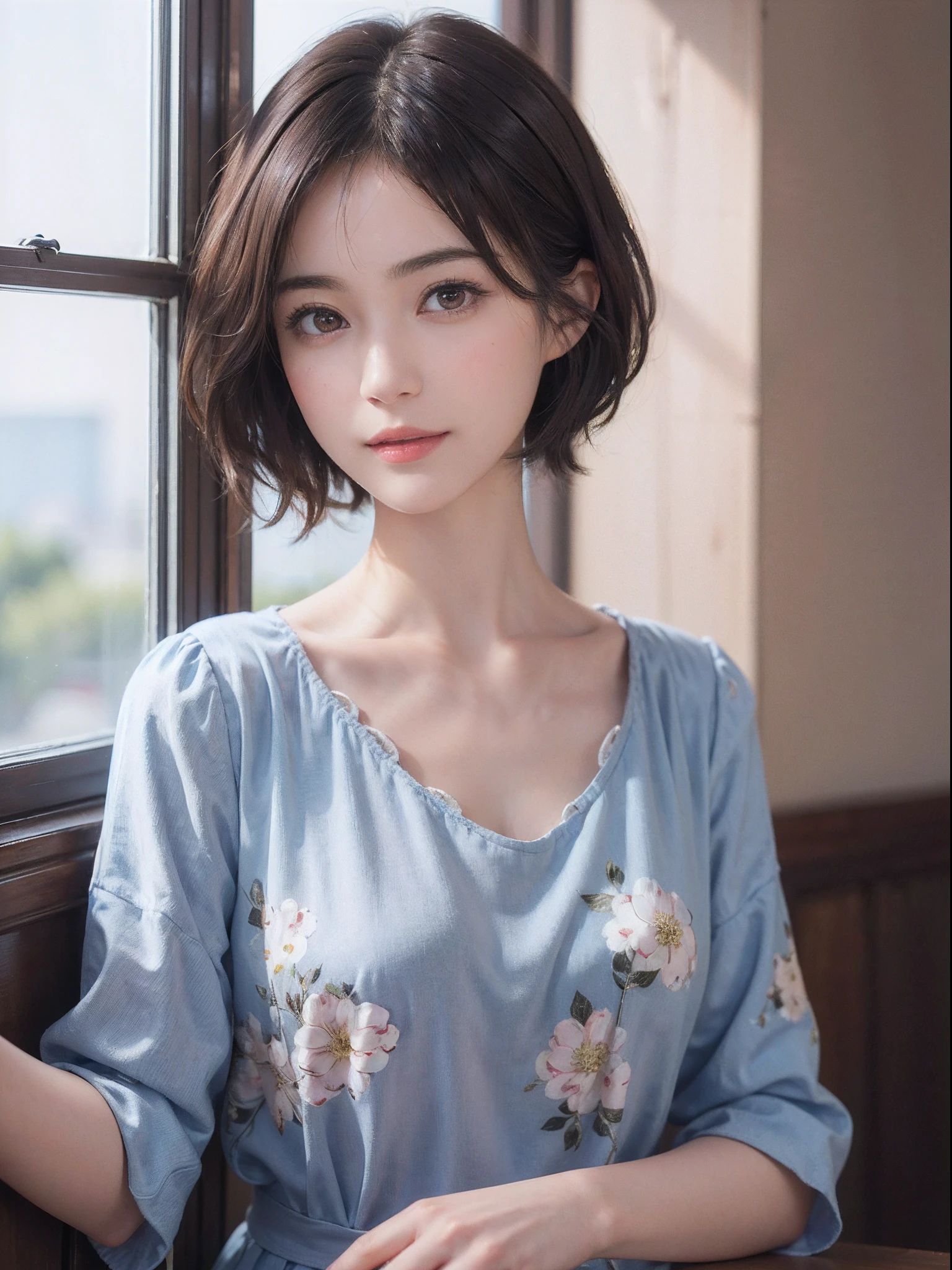 (masutepiece:1.3), (8K picture quality), Photorealsitic, Raw photo, (Best Quality: 1.4), (1womanl), Pretty Face, (Realistic face), (A dark-haired, Short hair:1.3), Beautiful hairstyle, Realistic eyes, Detailed fine eyes, (Realistic skin), Beautiful skin, ((Breasttop)), Absurd, Attractive, Ultra-high definition resolution, the golden ratio, Very detailed, depth of fields, By the window of the café, A slight smil, Floral clothing
