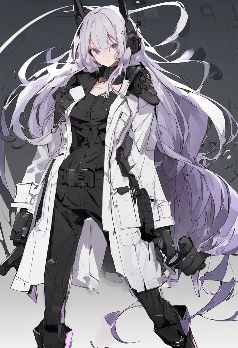 Two-dimensional woman，Long white silky hair，Bright purple pupils，White trench coat with black hard vest armor，A tactical belt hangs a black pocket，Black slim trousers with leggings，A pair of black tactical high-top boots，4k高清