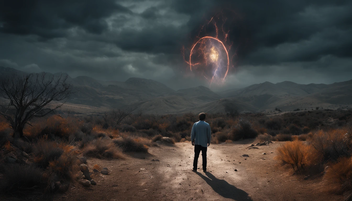 Absurd, high-resolution, super-detailed, depicting a view from afar of (((a man turning into a werewolf))),(((showing transformation suffering))), showing the effects of the change in soft lighting, intimate moments, and feelings of sadness and misery, Create stunning images of a transformation with long exposures that capture the beauty and movement of celestial bodies, forest environment, characterized by a transformation, a night with many stars, and a non-vibrant atmosphere. capturing the original appeal of primitive art, bold, simplified forms, intense colors, emphasizing raw emotions and instincts, biblical stories, bible, nebuchadnezzar,