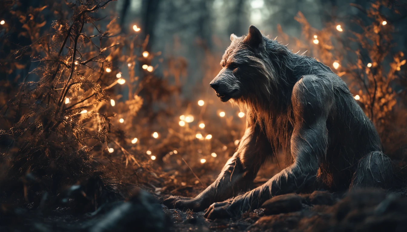 Absurd, high-resolution, super-detailed, depicting a view from afar of (((a man turning into a werewolf))),(((showing transformation suffering))), showing the effects of the change in soft lighting, intimate moments, and feelings of sadness and misery, Create stunning images of a transformation with long exposures that capture the beauty and movement of celestial bodies, forest environment, characterized by a transformation, a night with many stars, and a non-vibrant atmosphere. capturing the original appeal of primitive art, bold, simplified forms, intense colors, emphasizing raw emotions and instincts, biblical stories, bible, nebuchadnezzar,