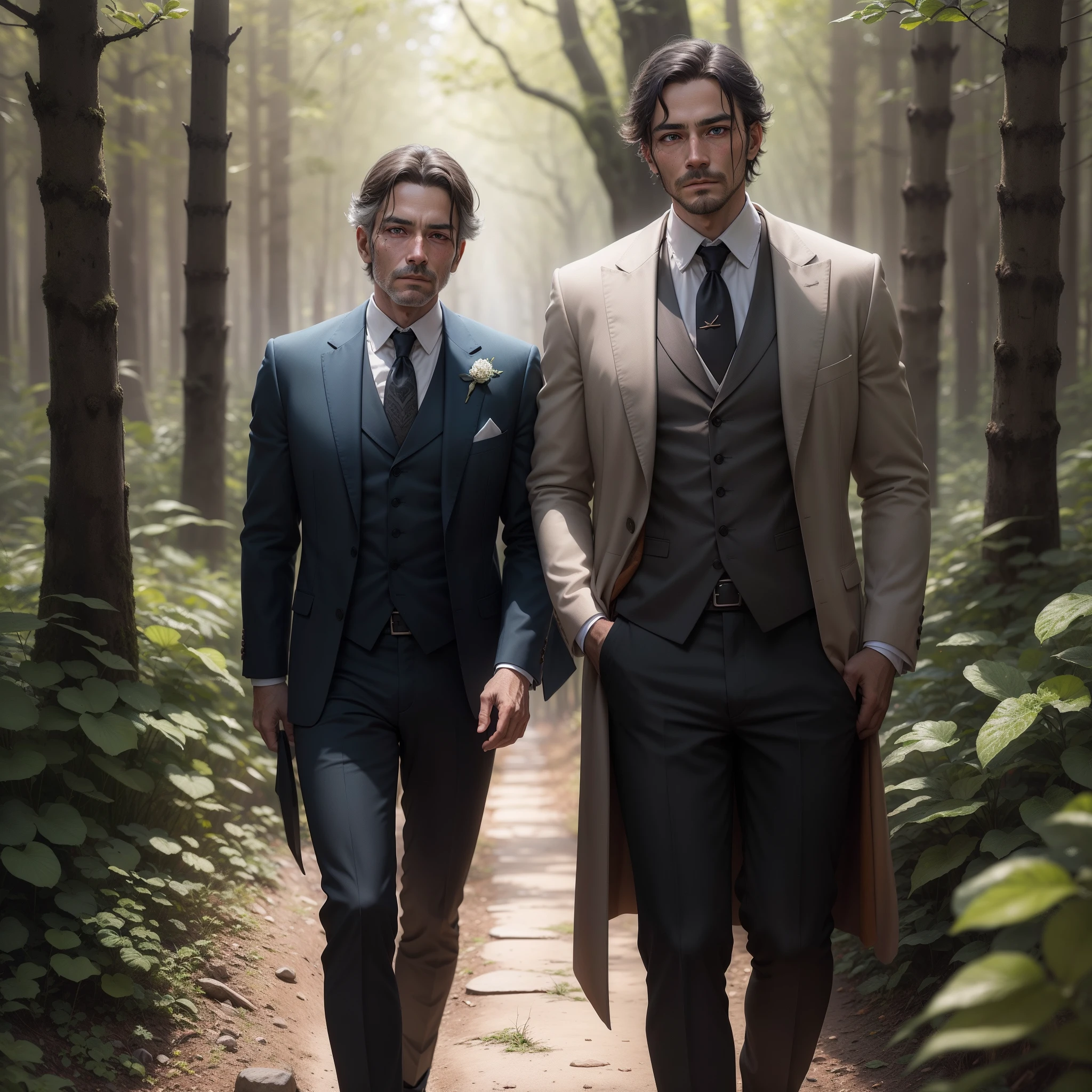 A gentleman in the forest walked slowly，There is determination in the deep eyes，Watch silently