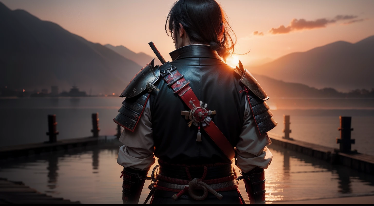 create a realistic image of a samurai from the back watching the sunset