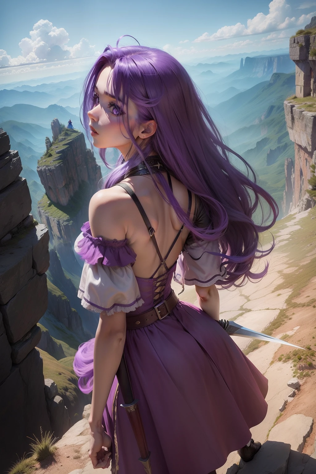 Generate a purple hair girl, standing on a edge of montain, holding two daggers, looking up to the sky. With the back to camera. Use photo realist style.