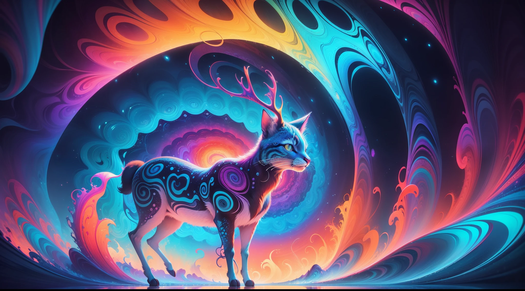 (Psychedelic painting of deer standing in front of colorful whirlpools), ((beautiful cat, Big head)), Light and shadow, Waves, Multi-layered, foreground, Distant view, fractal thunder dan mumford, Dan Mount Ford and Alex Gray style, psychedelic surreal art, surreal psychedelic design, Fantasy art style, Illusion psychedelic art, Infinite psychedelic waves, Inspired by Cyril Rolando, True corrugated structure, Psychedelic art style, trippy art, psychedelic illustrations,Bio-luminescence, vibrant, Colourful, Color, (Glowing, Glow), (Beautiful composition), Cinematic lighting, Intricate, (Symmetrical:0.5), Whimsical,