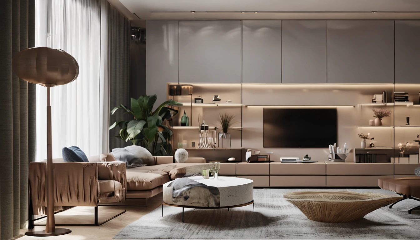 You are a famous interior designer，He was commissioned to create a 3D close-up image of a large modern study，bblurry， Create a harmonious environment with modern and minimalist furniture. Some houseplants are included，Make it look fresher.