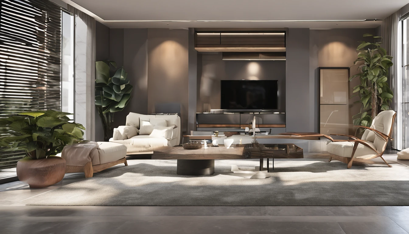 You are a famous interior designer，He was commissioned to create a 3D close-up image of a large modern study，bblurry， Create a harmonious environment with modern and minimalist furniture. Some houseplants are included，Make it look fresher.