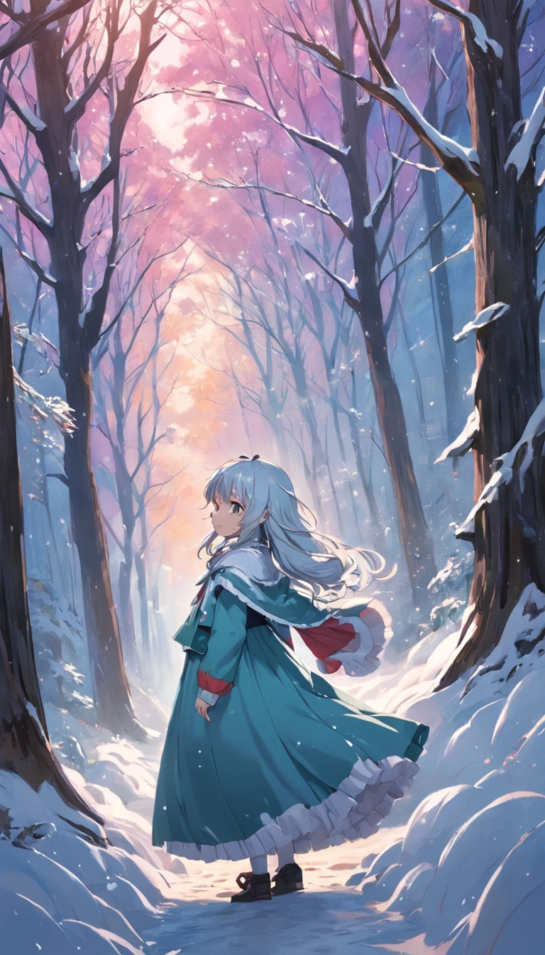 Winters,Secluded path,Snowy,the woods,girl,Snowflakes fall overhead,A gentle breeze ruffles the hair