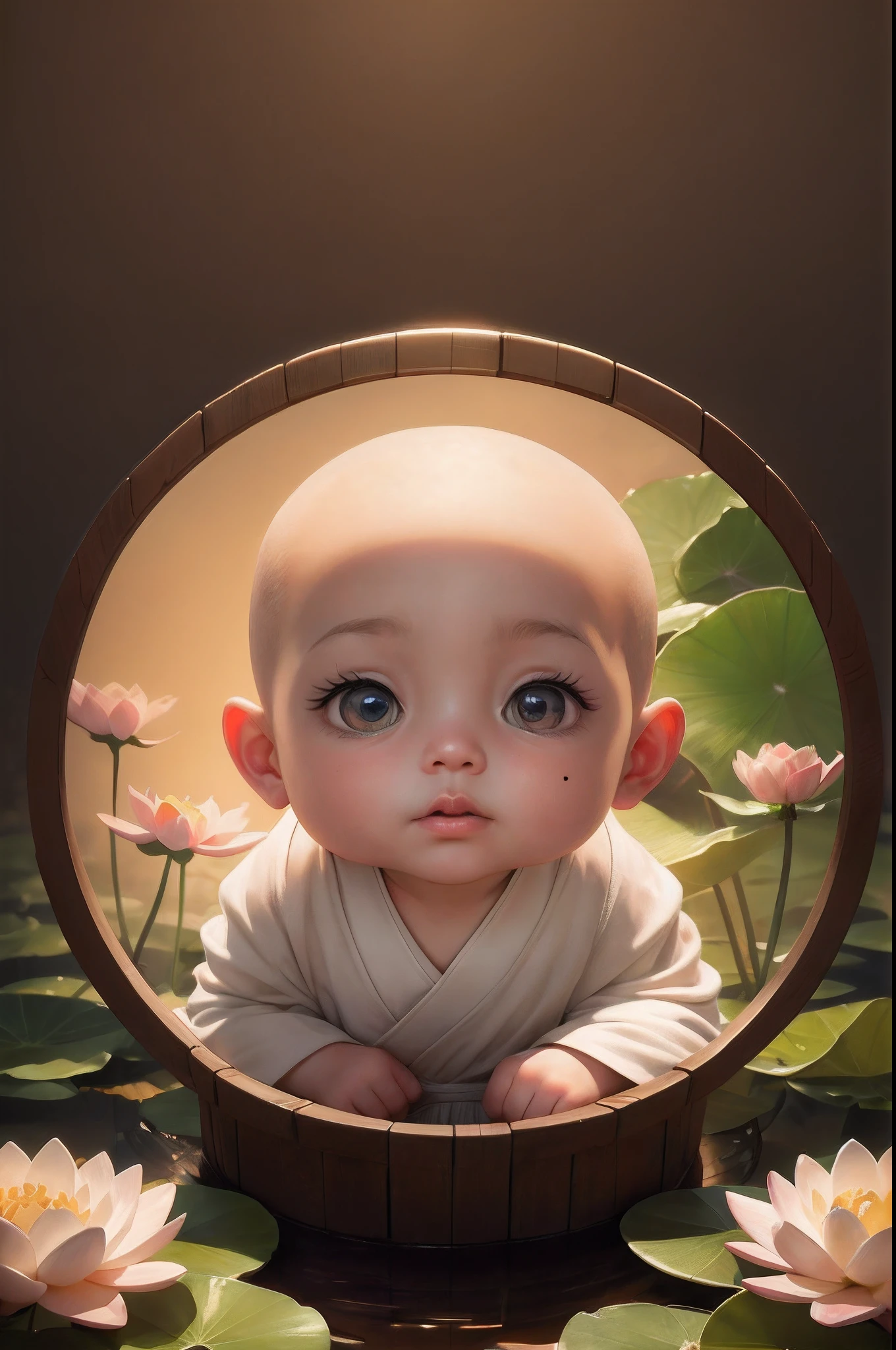 There was a small monk sitting in a basket with flowers, lovely digital painting, Milk hoop,Chubby toot,Very cute,Cute detailed digital art, Guviz-style artwork, childrens art in artstation, adorable digital art, Ross Tran 8 K, Beautiful digital artwork, cute 3 d render, Rosla global lighting, by Russell Dongjun Lu, stunning digital illustration, Beautiful digital illustration