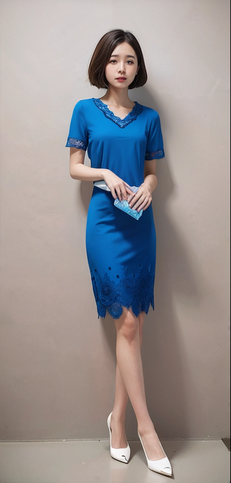arafed woman in a blue dress posing for a picture, wearing blue dress, korean women's fashion model,