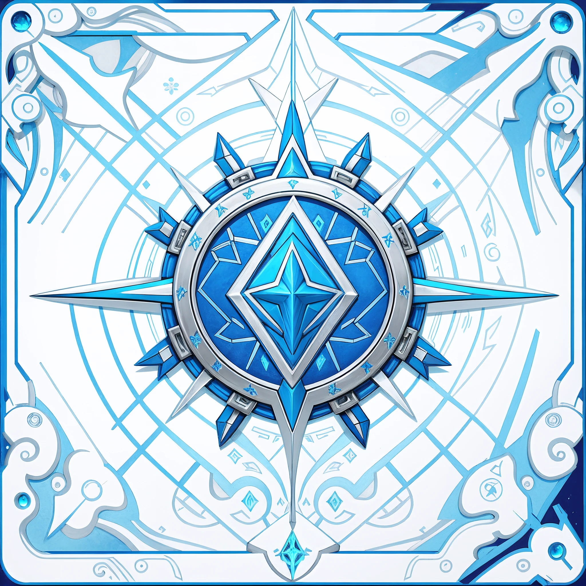 blue and white logo, protoss!!!!, protoss!!, protoss, ancient symbol behind it, leviathan cross, [epic, magic rune, symmetrical logo, with silver runes on it, rune-engraved armor, simple shading, raziel irl, infinity glyph, frost gem, [ shards, fantasy game spell symbol, ice rune, frost region emblem