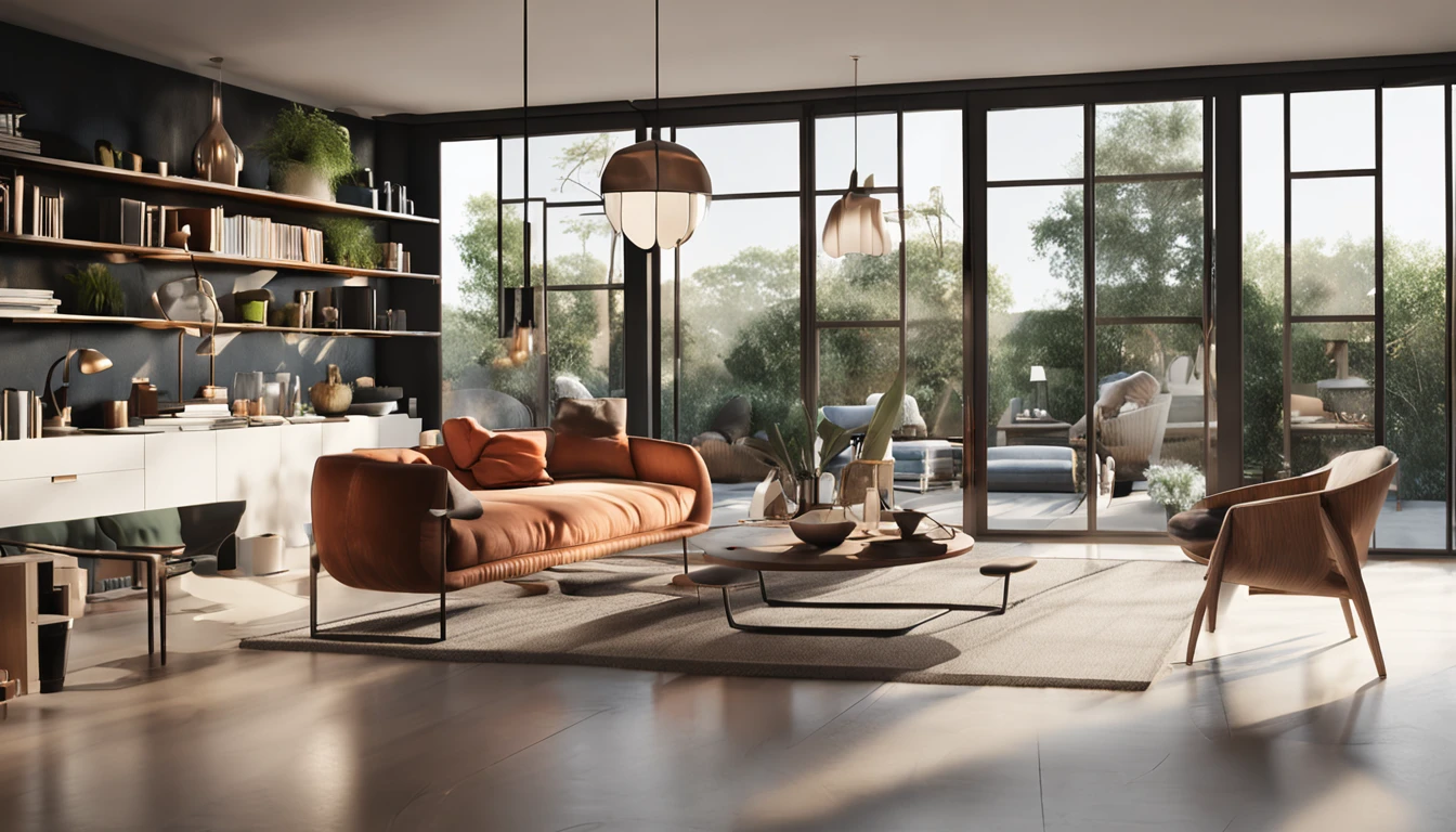 You are a famous interior designer,He was commissioned to create a 3D close-up image of a large modern study,Lens blur, Create a harmonious environment with modern and minimalist furniture. Some houseplants are included,Make it look fresher.
