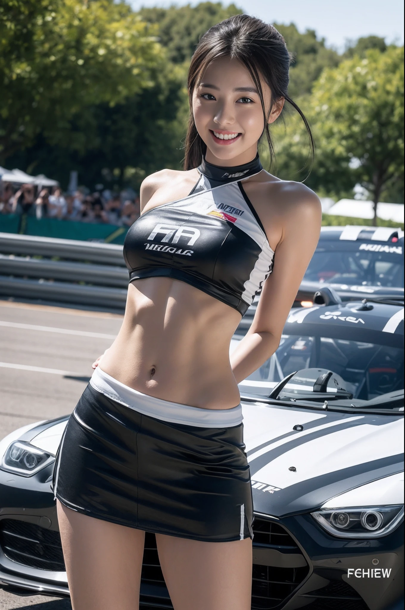 (((one shoulder gridgirl costume))),(((sit and spread legs))),(((midriff peek))),(((show underboob ))),(((bare inner thigh))),(((show Formula One car))),ulzzang-6500-v1.1, (Raw photo:1.2), (Photo realistic:1.4), a beautiful detailed girl, extremely detailed eye and face, beautiful detailed eyes, ultra-detailed, High resolution, top-quality, ​masterpiece, highly detailed, 8k wallpaper, Wonderful, finely detail, top-quality, Light on the face,电影灯光,1girl in,(auto race track),Beautiful eyes,smile,Opening Mouth