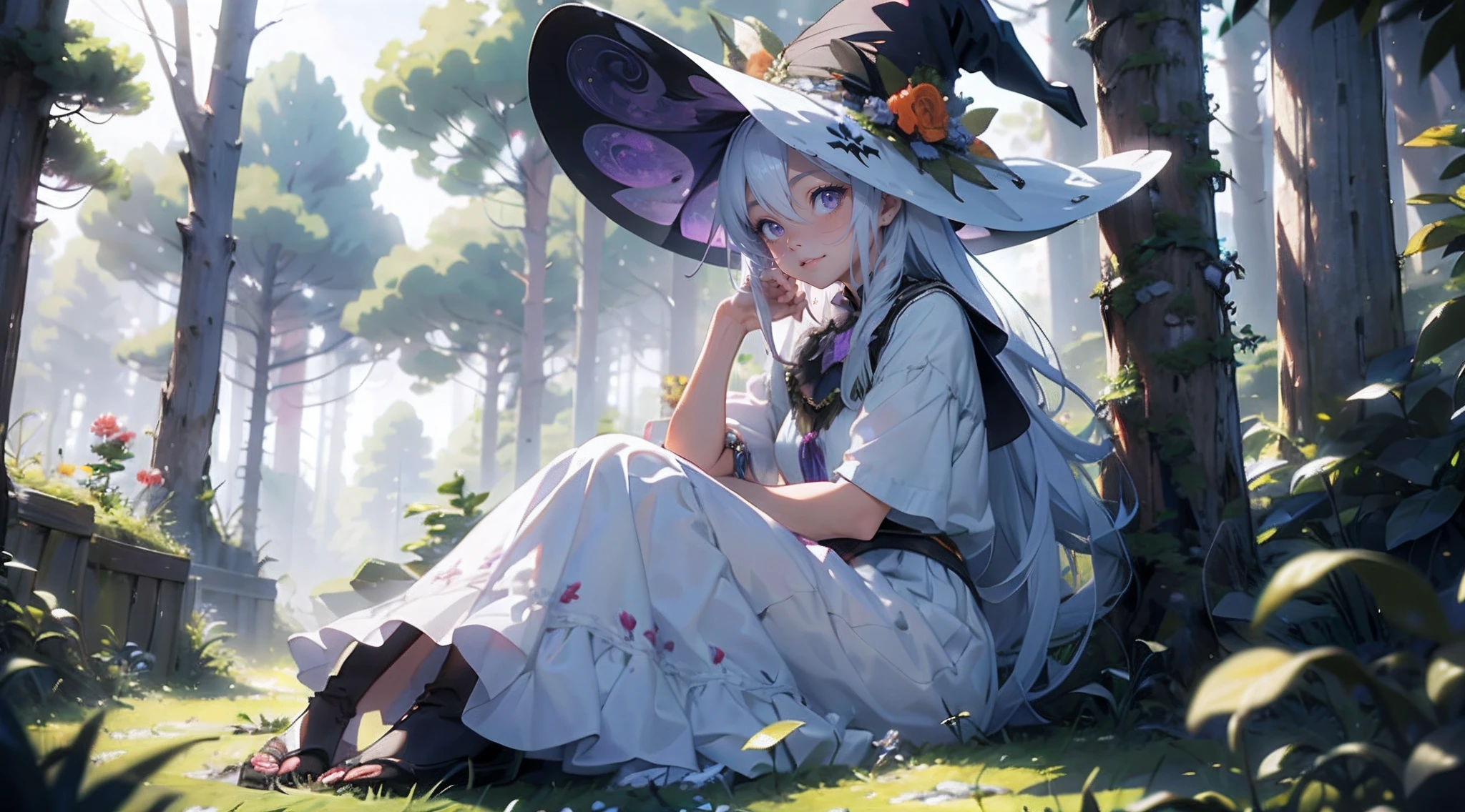 (tmasterpiece,best qualtiy),1 girl with long white hair sitting in a field of greenery and flowers,her hand under her chin,warmly lit,white dresses,Blurred foreground young witch with orange and purple clothes , wearing a witch's hat, exquisite and beautiful face, Angelic face, Children's calligraphy style, Scenery in the forest, Party with young witches in the forest, tag , ávore, Beautiful forest landscape