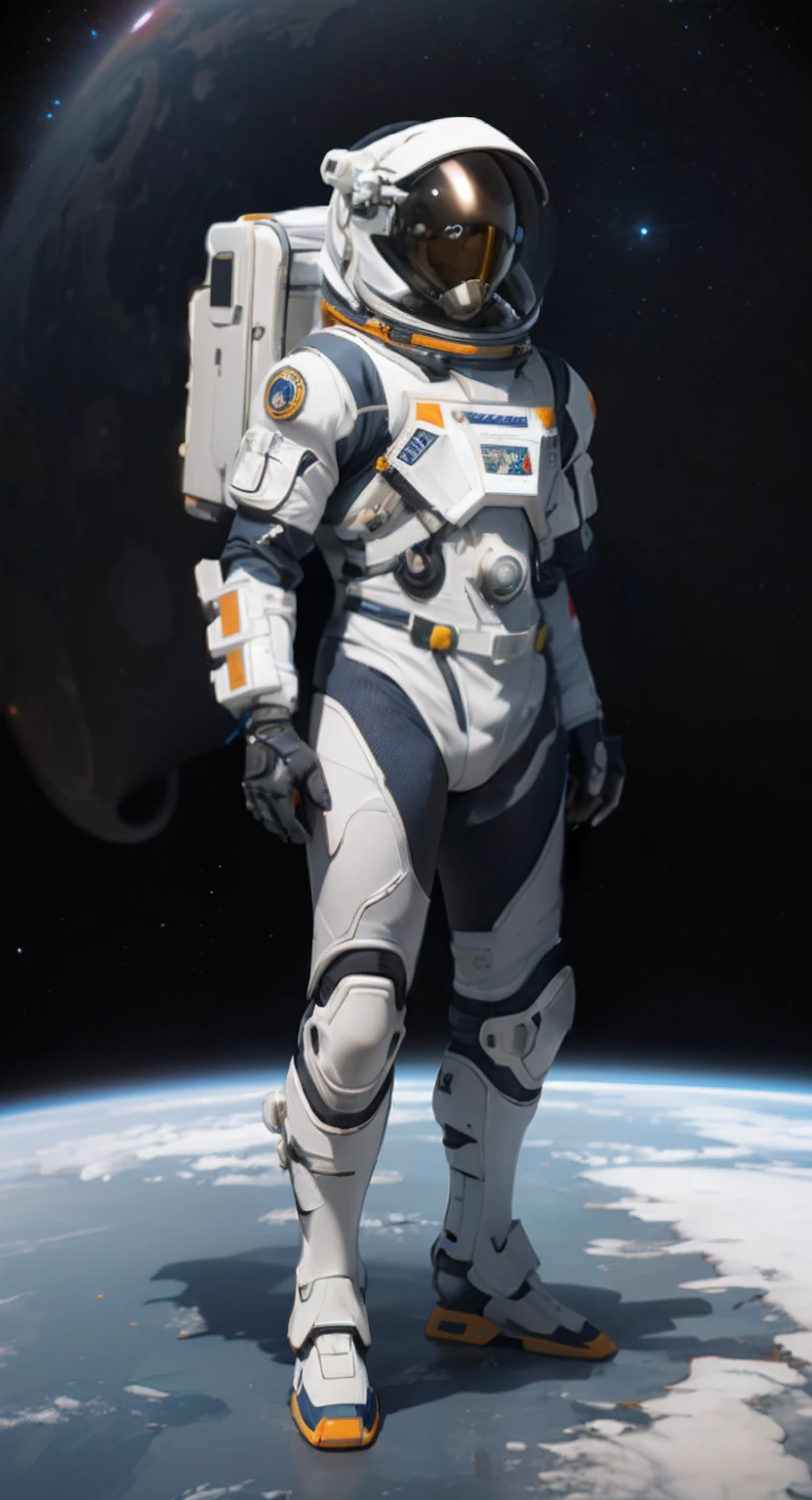 white backgrounid，Alfield astronaut station in a spacesuit, White spacesuit，A small amount of black，Orange decorative stripes，interstellar space suit, modern spacesuit, futuristic spacesuit, Space pressurized suit, fully space suited, detailed space suit, Spacesuit, Sci-fi spacesuit, science fiction suit, silver space suit, space suit, dusty space suit, spacesuit with small led lights, NASA Eva suit，Amazing.atmosphere,Epic,3D,8K, Masterpiece,Best quality，Look up， Wearing mecha network armor， ferra white mecha， mechs， Mechanized Valkyrie， cyborg people， armour，Wearing sci-fi military armor，sci-fy，White futuristic armor，Gorgeous paladin，Mechanized soldiers