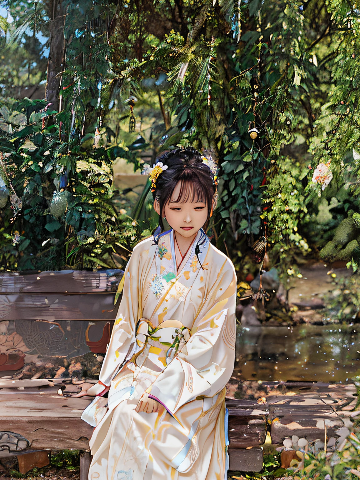 Woman in traditional dress sitting on a park bench, Palace , A girl in Hanfu, Hanfu, White Hanfu, pale and coloured kimono, komono, with acient chinese clothes, author:Yu Zheding, by Yang J, By Leng Mei, in a kimono, Guviz, by Ai Xuan, komono, author:Zhou Fang