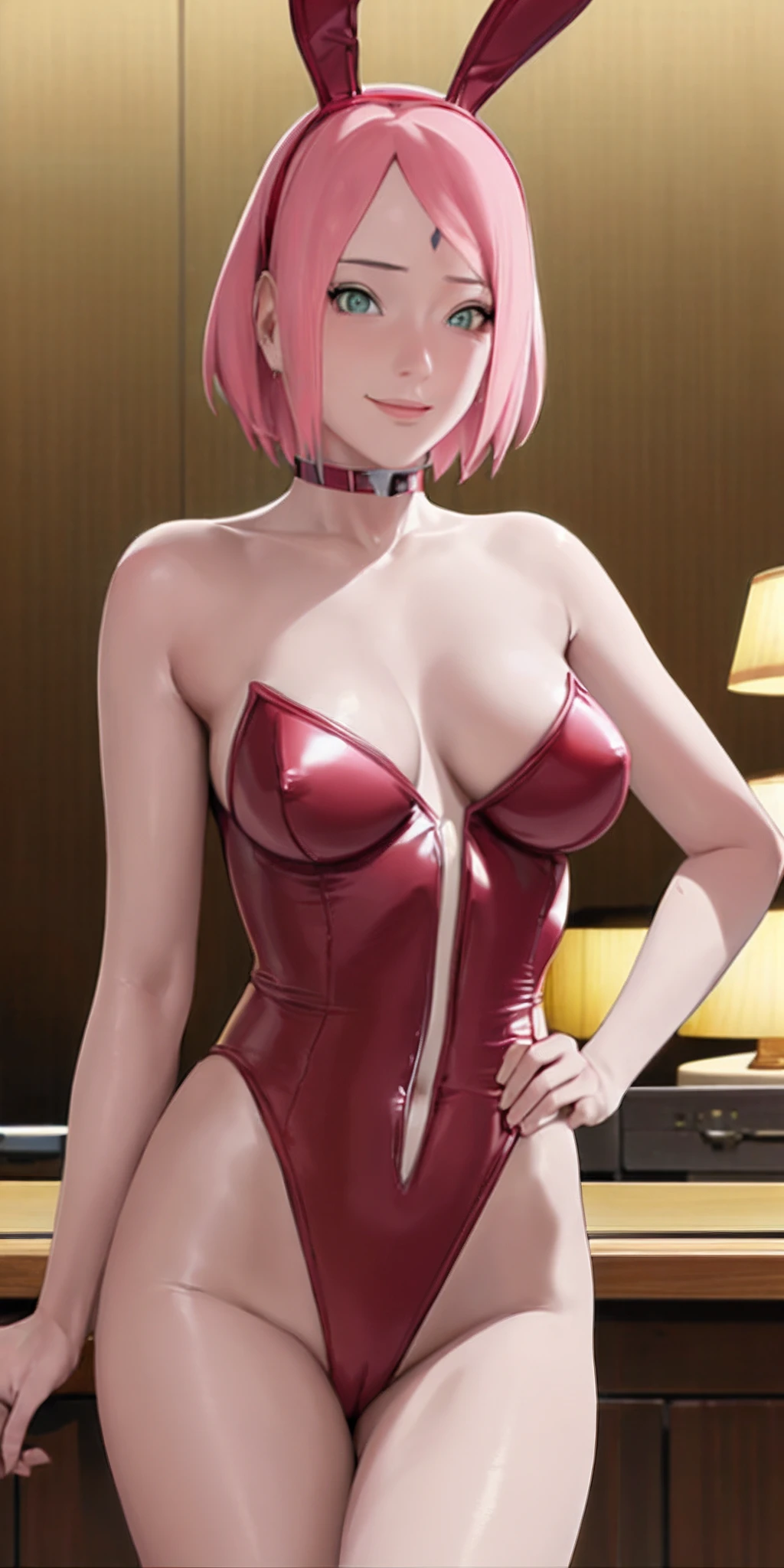 masterpiece, absurdres , (intricate details), (colorful),cinematic lighting,bust shot,extremely detailed CG unity 8k wallpaper,1girl, haruno sakura,forehead mark,fake animal ears,choker, swimsuit,red leotard, playboy bunny, tray,champagne, smile, looking at viewer, cowboy shot,