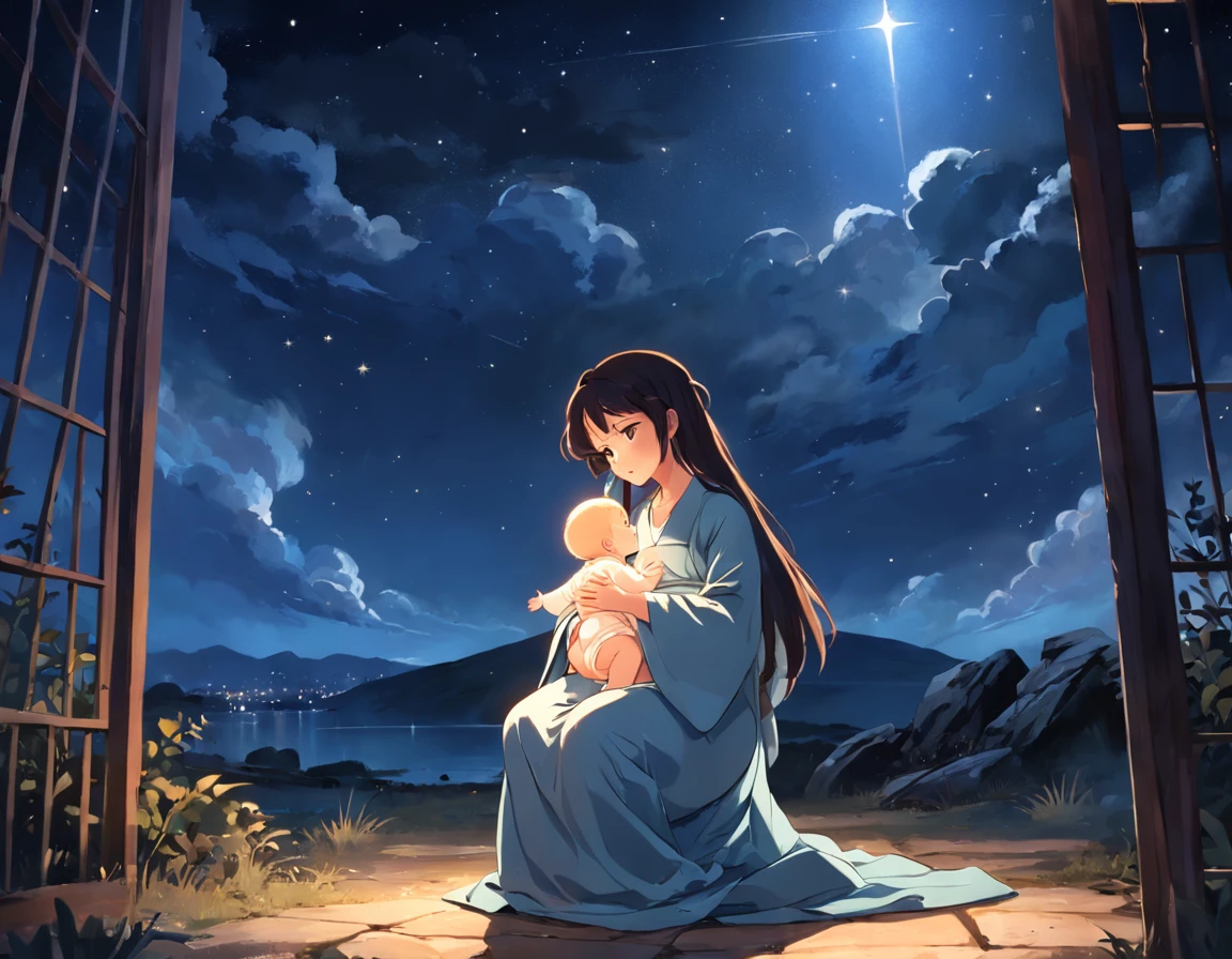 The night scene should be lighted softly by the stars and the bright starlight in the sky. Os pastores, vestidos com roupas simples, they must be represented with expressions of humility and admiration as they kneel before the baby Jesus. A manjedoura deve ser o ponto central da imagem, com Jesus deitado nela, emanando uma aura de paz e amor. The scene should evoke a sense of serenity, maravilha e divindade, emphasizing the importance of this sacred moment in history.