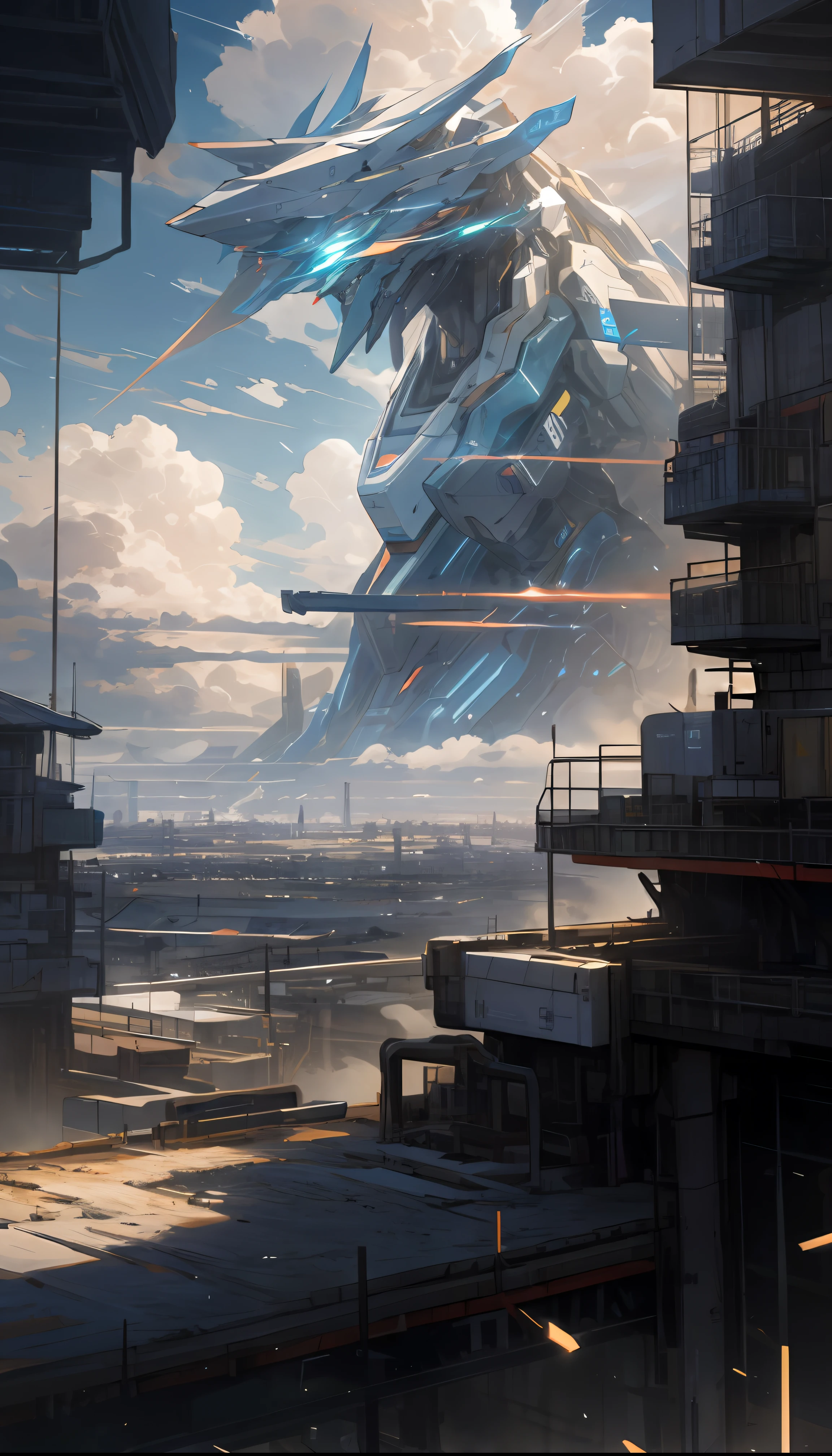 Sky, Clouds, holding_weapon, no_humans, Glow, Robots, Architecture, Science Fiction, Cities, Reality --v6