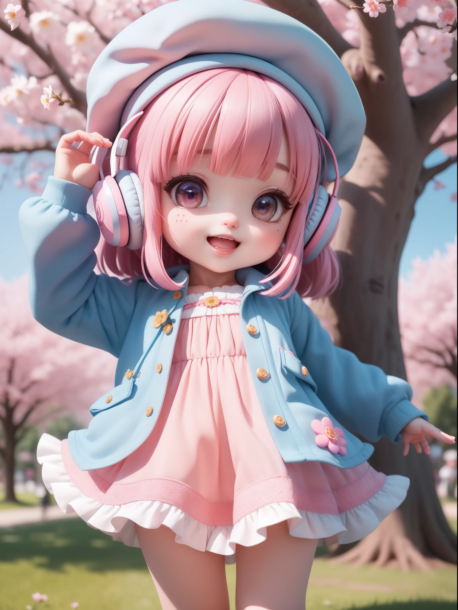 (masterpiece), (best quality), (ultra-detailed), (full body:1.2),
1girl, chibi, cute, smile, open mouth,
flower, outdoors, music, beret, light blue jacket, blush, tree :3, dress shirt, cherry blossoms, light blue little headwear, blurry, (pink middle bob), blush stickers, long sleeves, bangs, headphones, pink flower,
(beautiful detailed face), (beautiful detailed eyes)