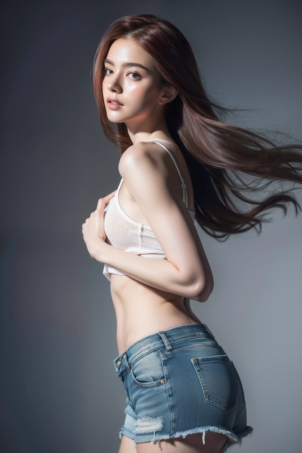 RAW photograph, best quality, masterpiece, an extremely delicate and beautiful, extremely detailed, CG, unity, 8k wallpaper, Amazing detailed, finely detailed, masterpiece, best quality, official art, extremely detailed CG unity 8k wallpaper, ultra-detailed, highres, extremely detailed, clear, focused, (best quality), (realistic, photo-realistic:1.6), 8k, soft lighting, high quality, cinematic lighting, 1girl, centered, full body, redhead, (sweat:1), perfect fingers, long hair, slim abs, denim shorts,