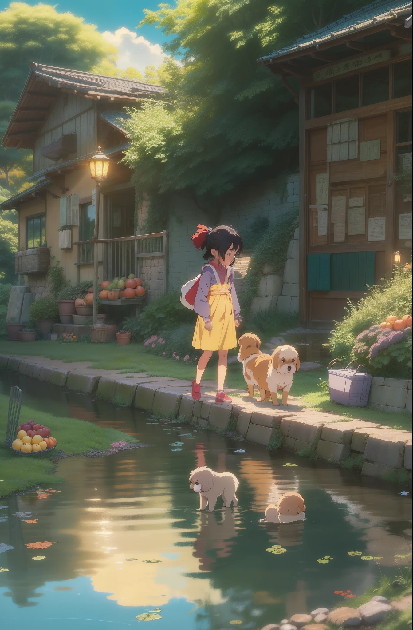 Ghibli-like colors, Anime style, Cinematic lighting, reflective light, Masterpiece scene of country children playing by the river,There are fruits and vegetables,There are puppies,There are insects,Super healing,in style of hayao miyazaki,(Sunshine 1.1)