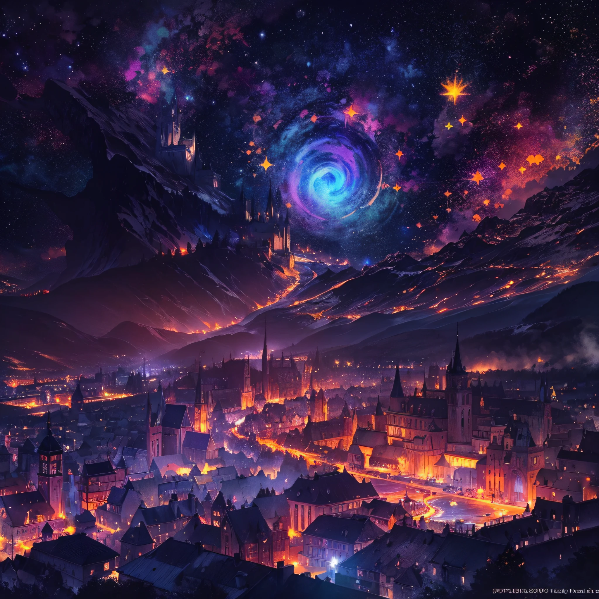 appearance々Colored light,Irridescent color,spot light,In the dark,From the ground to the sky,Emits a large amount of light,Fantasy landscape,Psychedelic atmosphere,Million Dollar Night View,View from above,Masterpiece,high-detail,perfect-composition,the golden ratio,8K