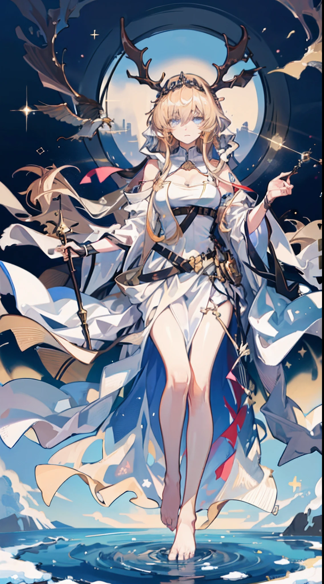 tmasterpiece,Best quality at best,one-girl,Solo,White skirt,A princess,nobles,apathy,There was a faint sadness in his eyes,opulent,Barefoot,Golden-white gradient hair,Float on snow-covered water,diadems