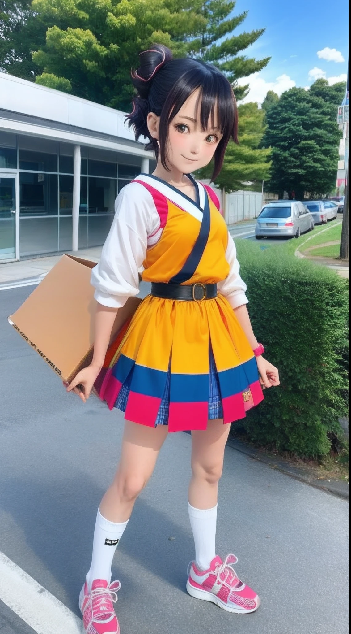 Moving girl in skirt,Skateboard in hand, tsugumi ohba, mitsumayo, as an anime character, fubuki, in dress, Anime Thai girl, narumi kakinouchi, rumiko, lain iwakura, itsuko azuma, aya takano color style, anime visual of a cute girl,Highly realistic,Real Human