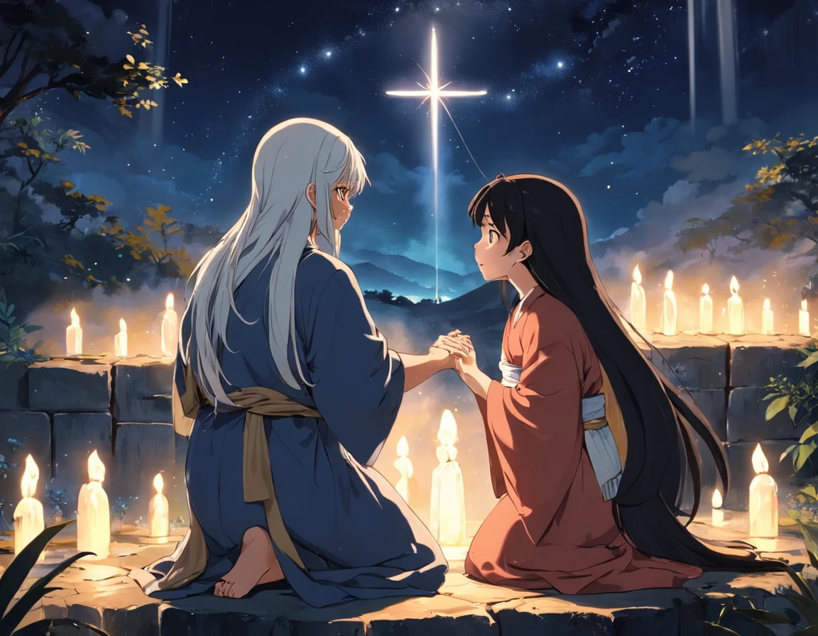 The night scene should be lighted softly by the stars and the bright starlight in the sky. Os 3 pastores HOMENS, vestidos com roupas simples, they must be represented with expressions of humility and admiration as they kneel before the baby Jesus. A manjedoura deve ser o ponto central da imagem, com Jesus deitado nela, emanando uma aura de paz e amor. The scene should evoke a sense of serenity, maravilha e divindade, emphasizing the importance of this sacred moment in history.