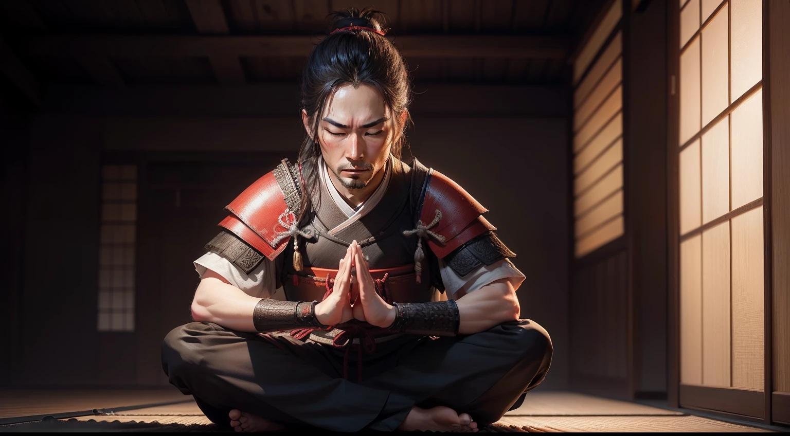 create realistic image of a meditating samurai