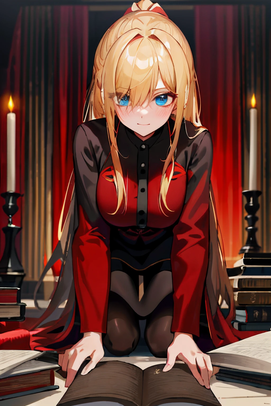 ((masterpiece,best quality)), High quality face, High quality eyes, 4k, Clear face, High resolution eyes, Kizi, Black and red dress, royal robe, Black tights, blond hairbl, Vampires, anime big breast, the night, Inside the castle,double-ponytail,shairband,long whitr hair,holding a magic spell book,Holding a large magic book,looking at viewert,back to look back,inside in room,eBlue eyes,ribbons,stairways,sitted,statues