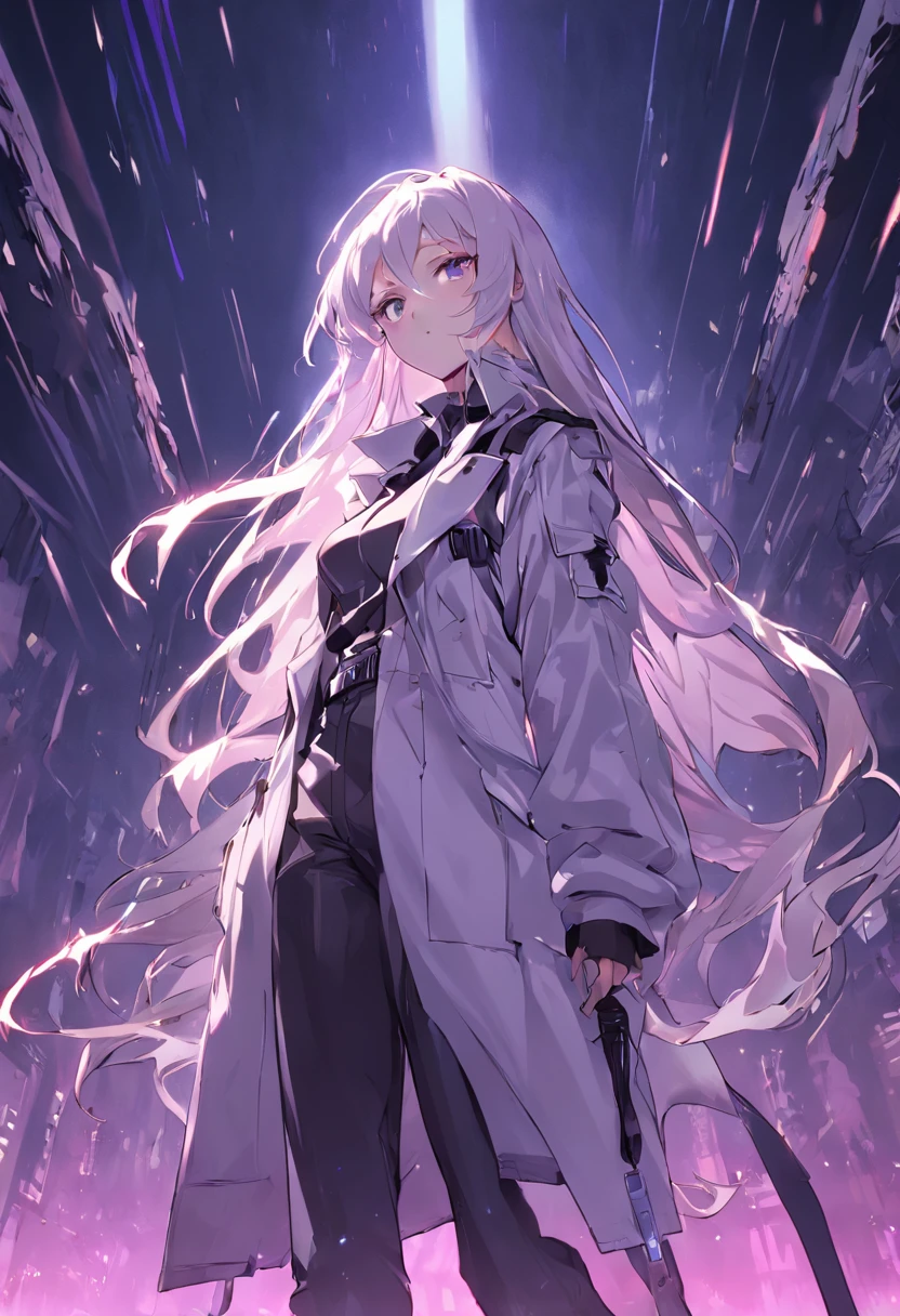Two-dimensional woman，Long white silky hair，Bright purple pupils，White trench coat with black hard vest armor，A tactical belt hangs a black pocket，Black slim trousers with leggings，A pair of black tactical high-top boots，4k高清。