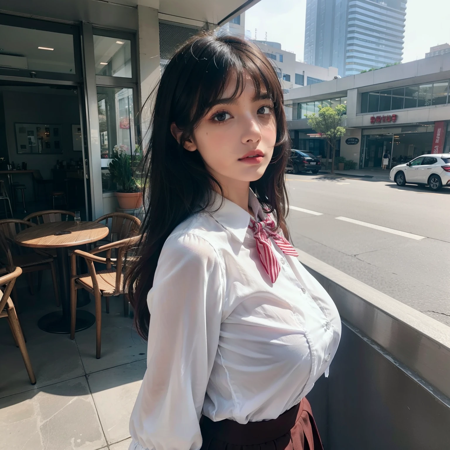 (Raw photography、top-quality)、(realisitic、Photorealsitic:1.2)、Close-up portrait photography、a 1 girl、Rooftop café in a shopping mall、outside of house、Cool Face、(high-detail skin:1.4)、Gorgeous hair、Air bangs、Brown black hair、White sheer shirt and bow tie、bright red pleated skirt、Soft lighting、HIG quality、((Colossal tits))