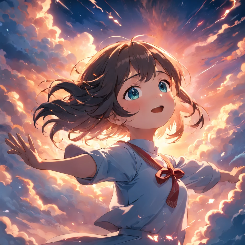 masterpiece, best quality, movie still, 1girl, cloud girl, floating in the sky, close-up, bright, happy, warm soft lighting, sunset, (sparks:0.7)