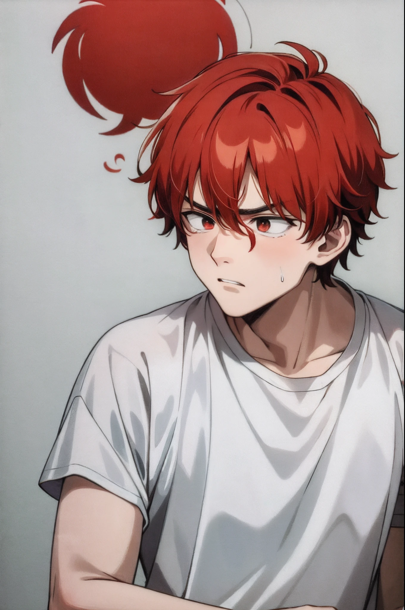 A young, intimidated, Poor, Beaten, Unhappy, Sad guy with white and red, Hair