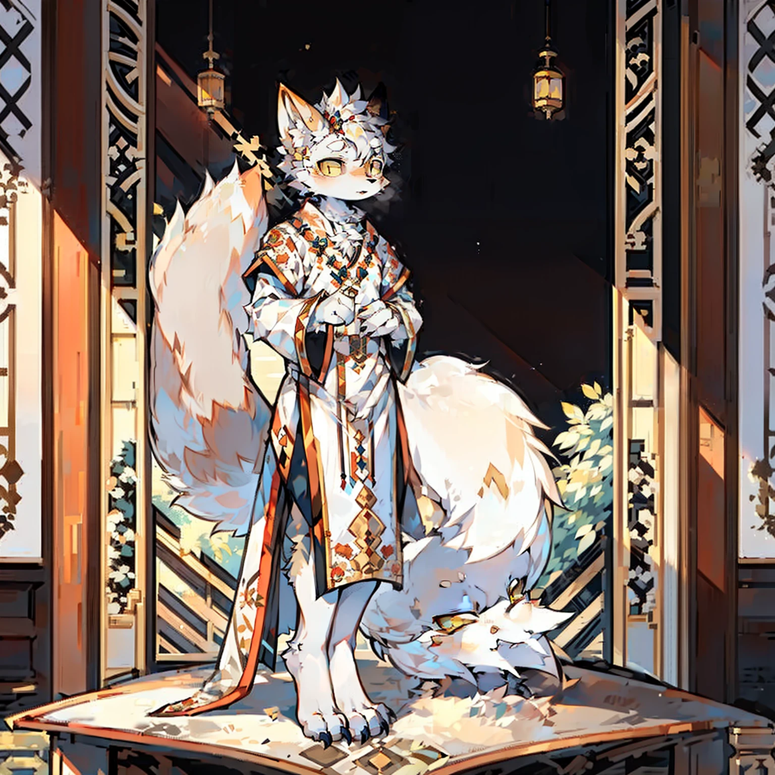 Fox Boy，yellow-eyed，White color hair，Yellow fur，Traditional Chinese clothing，palaces，prince