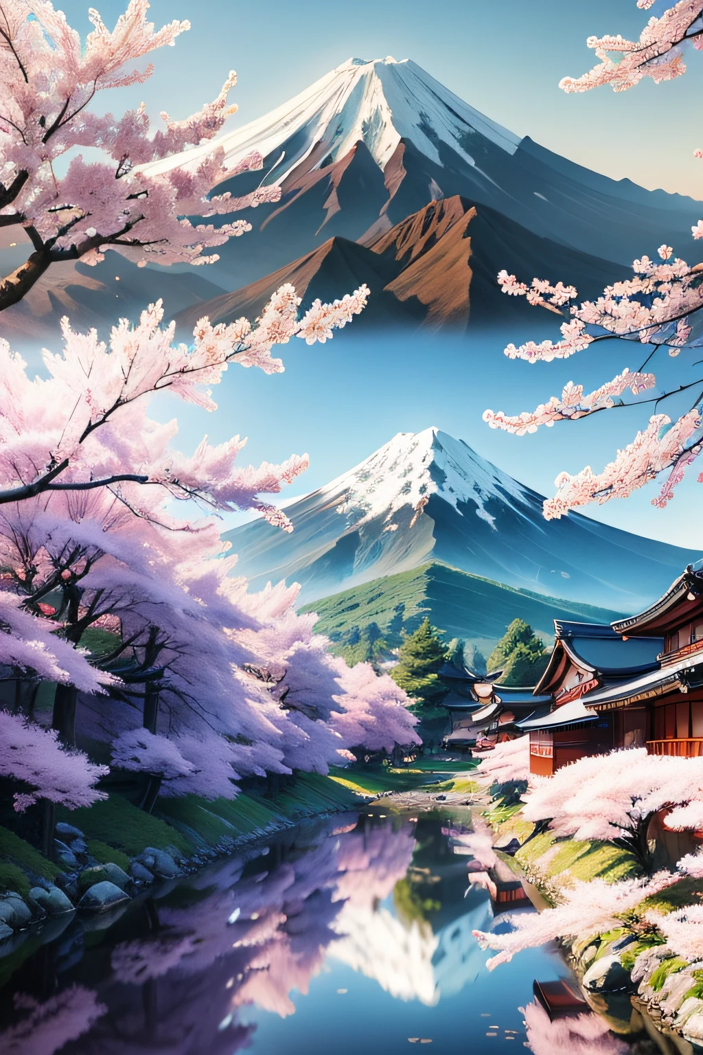 Japanese anime background，There is Mt. Fuji and cherry blossoms