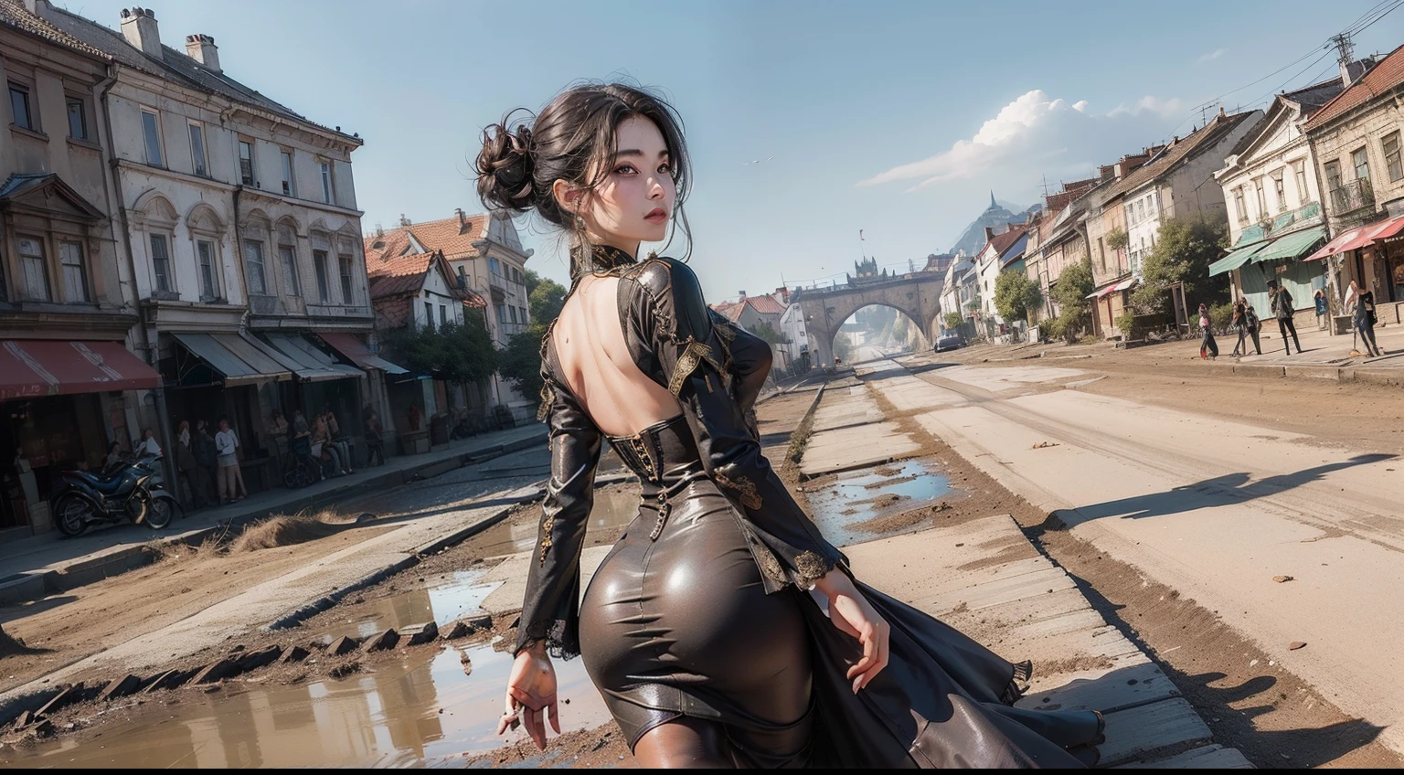 (realisitic,Photorealsitic:1.4),(1 Beauty:1.3),(beautiful countenance:1.5),Detailed shiny skin,A detailed eye,Precise hands and fingers,8K HDR, , masterpiece, (Dynamic angle footage),电影灯光, Finely drawn backgrounds,(steampunc,Decadent,Sci-fi,Mud, dust and dirt,Traces of war:1.2)Beautiful Vietnamese,Dress like a grown-up,Silky hair,short-hair,Prague,Rural town,Jumping,Attractive thighs,Composition seen from the back of the head