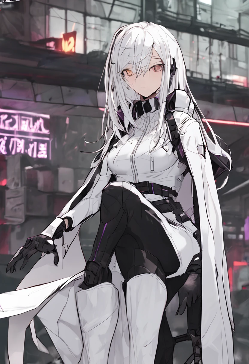 Two-dimensional woman，Long white silky hair，Bright purple pupils，White trench coat with black hard vest armor，A tactical belt hangs a black pocket，Black slim trousers with leggings，A pair of black tactical high-top boots，4k高清