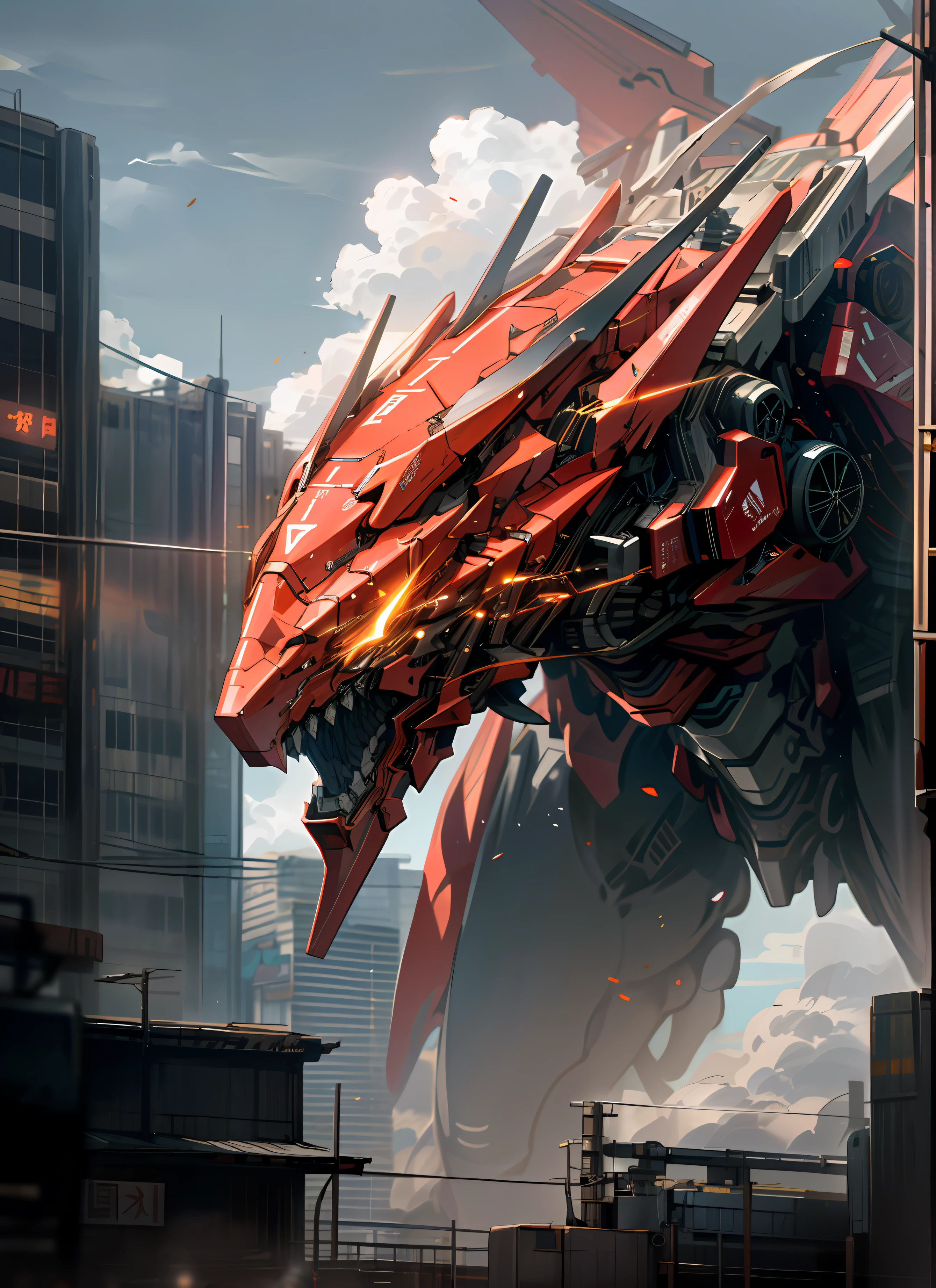 sky, cloud, no_humans, glowing, Flying, ,Robot Animal, Dragon, red Colour, building, glowing_eyes, mecha, science_fiction, city, realistic, mecha, high quality