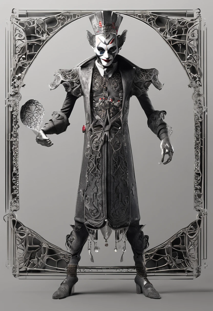 Create a full-body digital image in a three-dimensional style that combines elements of dark fantasy. Dynamic lighting that highlights intricate details. Sharp focus and a resolution of at least 4K will ensure a high-quality image. The black background with floating playing cards adds a touch of magic and mystery to the composition. The composition should be perfect. The style of the image should resemble a watercolor painting, with soft colors that enhance the dark and enigmatic atmosphere. The protagonist is a meticulously portrayed full-body clown, with a striking minimalist mask, free of ornaments or additional details, in a shiny silver color that conveys a mysterious and captivating smile, hiding the teeth. On the top of the mask, a large red jewel stands out. The clown wears a unique and minimalist black clown suit with white details, and a bat-winged hat that adds a touch of mystery..