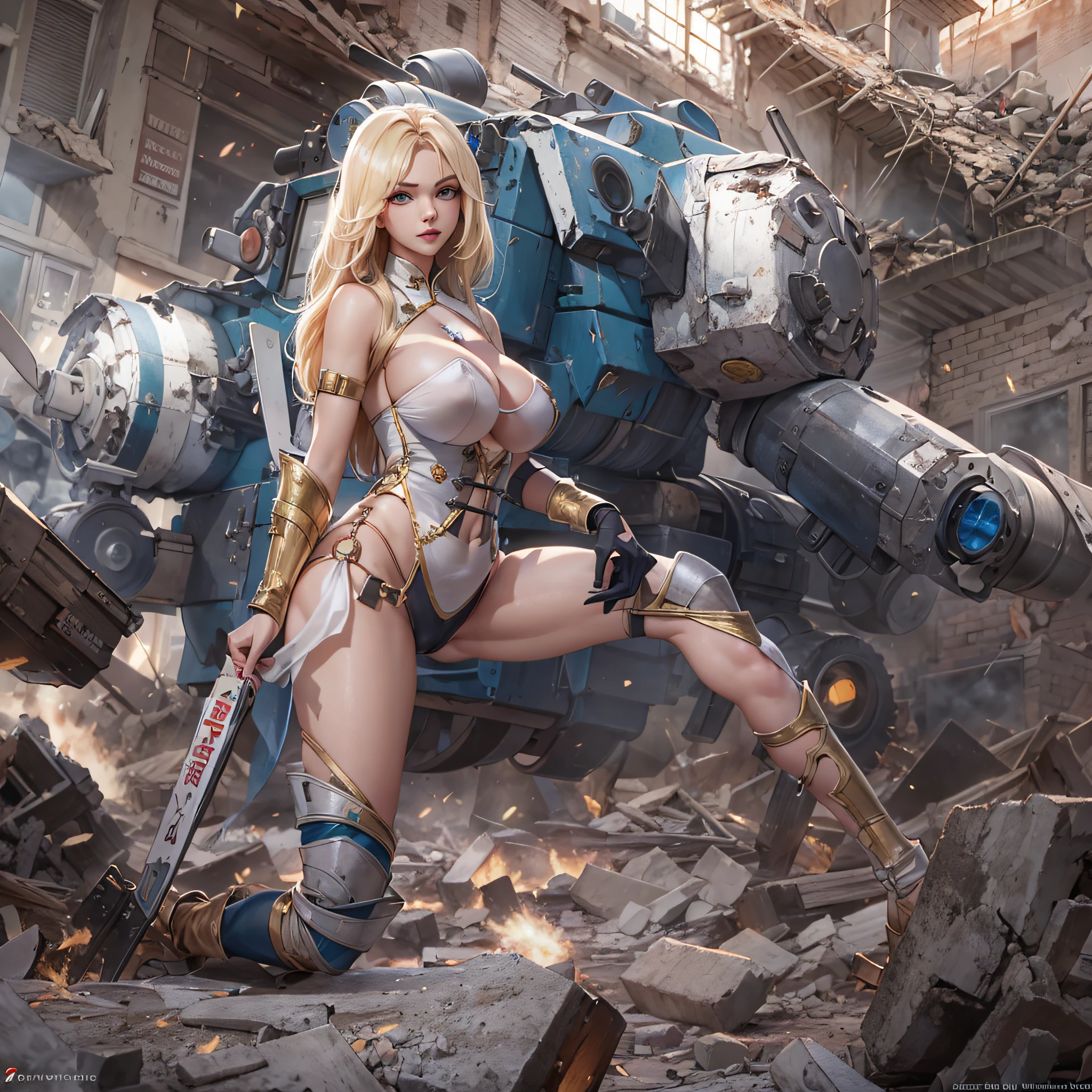 Russian blonde beauty,20yr old,huge tit,Tight china clothes,Stick your right hand forward and emit a blue laser beam,Destroy buildings,Pile of rubble,battle field,Masterpiece,high-detail,perfect-composition,face perfect,perfect bodies,the golden ratio,8K