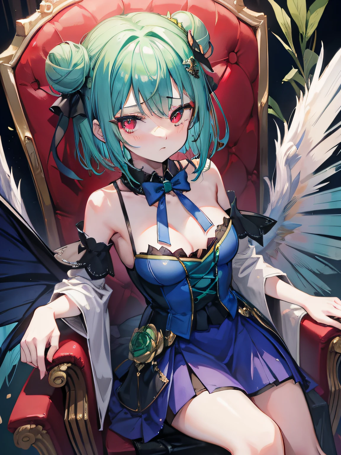 {Moist feather(hololive)}, 1girl, short hair, double bun, {emeraldgreen hair}, {{Red eyes}}、masterpiece、top-quality、{hatred}、irate、{demon king}、{full bodyesbian}、a throne、The Darkness、Dark blue dress、demon realm、Blue winged butterfly、