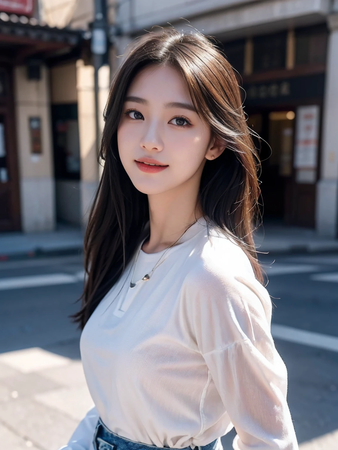 best qualtiy,tmasterpiece,超高分辨率,(真实感:1.4),RAW photogr,1girll,Face Highlighting,Pure,Girly,Flushing,18yr old,18-year-old smiling female classmate,Pure,Innocent,(best qualtiy,8K,tmasterpiece:1.3),Goose egg face,largeeyes,long eyelasher,Exquisite(live-action realistic style),Star-like eyes,Ultimate face,Photorealistic light and shadow,Clear facial features,Milky white skin,Fair skin, highdetailskin, Realistic skin details, Visible Pore,(Super detail),(perfect bodies:1.1),long whitr hair,(dynamicposes),((Dynamic background((volumettic light:1.3)),the street,White color blouse,denim pant,eardrop
