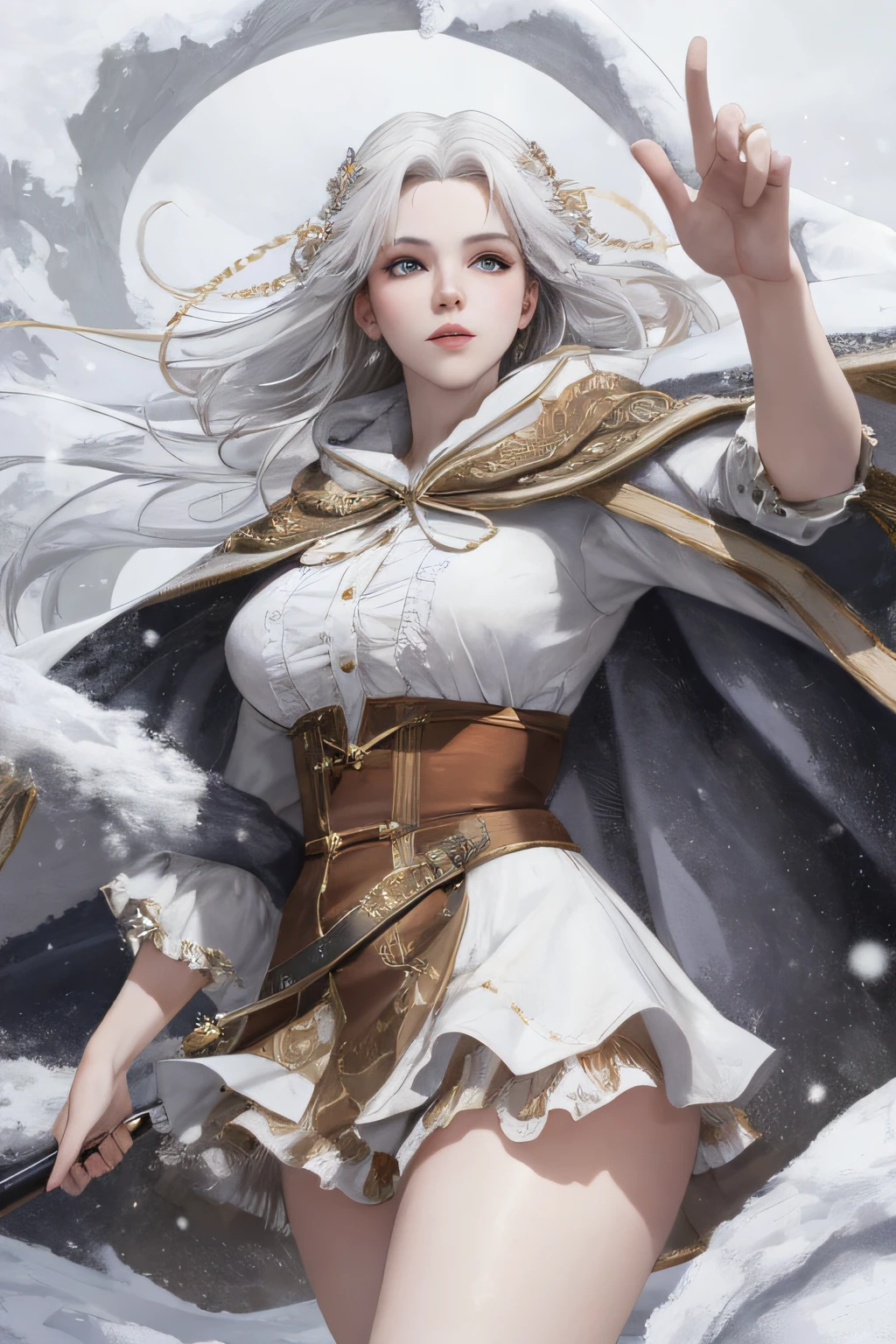 Photorealistic, high resolution, 1 Women, Solo, (Lolita costume),Gorgeous costumes,Face the audience,The upper part of the body,upper legs, beautidful eyes, White hair, ringed eyes, (outside,Heavy snowfall,Cloak,Cover with snow),snowfield