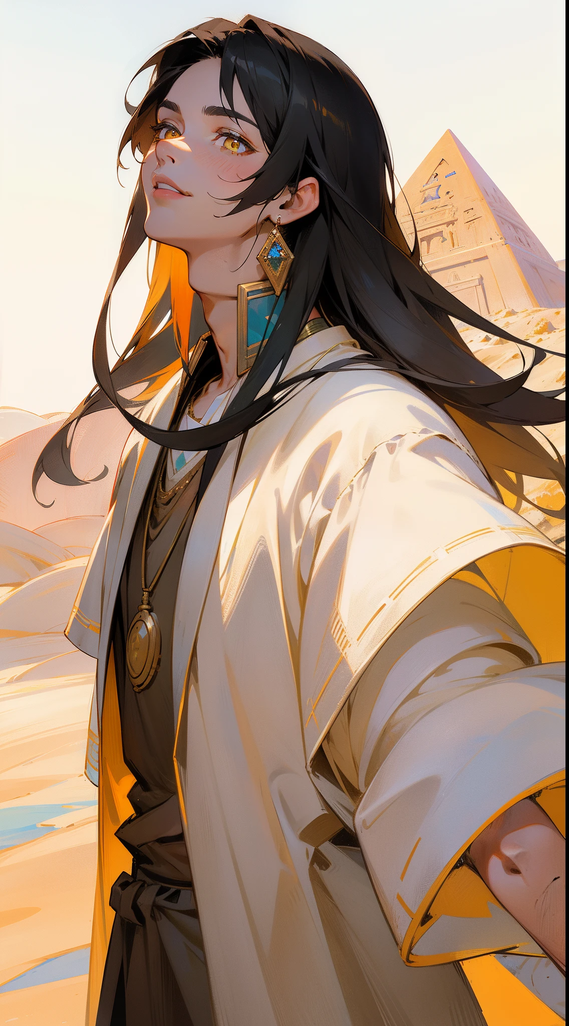 focus face, looking up, look at the viewers, realistic, masterpiece, best quality, colorful,(finely detailed beautiful eyes and detailed face), delicated smile, happy eyes, nature lighting, extremely detailed CG unity 8k wallpaper, 1boy, tall muscular guy, Clothes: white robe with colorful jewelry fill around shoulders. Accessories: necklace, earrings, bracelet. Appearance: long black hair, light colored pupils, yellow eyes, Tan skin, Head tilted slightly to one side, flying bangs, handsome, background: desert, pyramid, sand, sun, morning. ancient Egypt style, Egypt, mature man