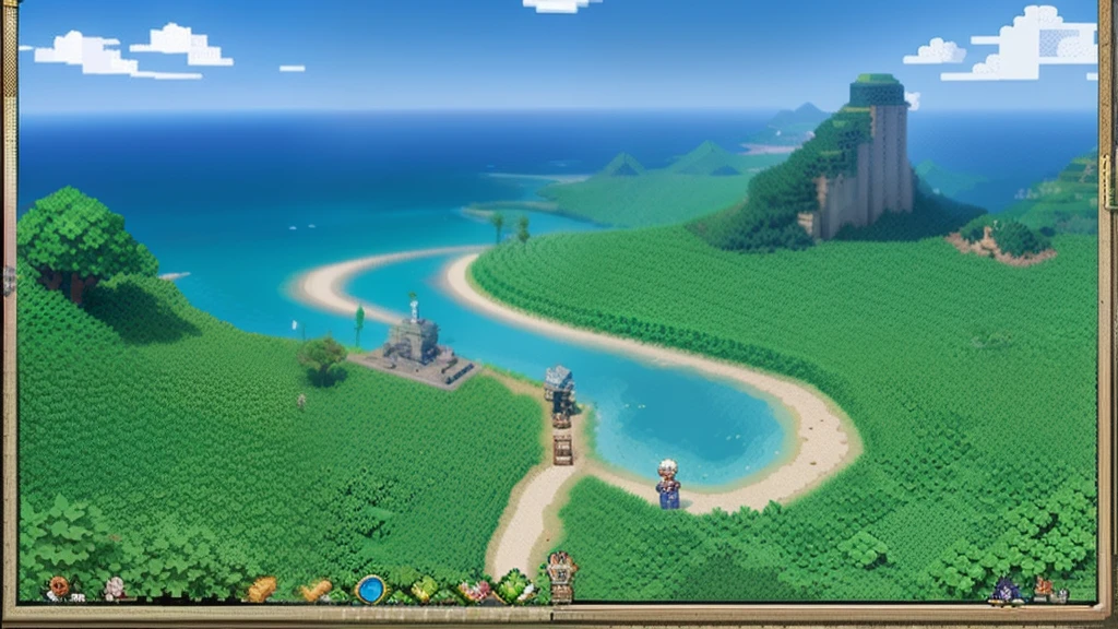 鸟山明风格,Flat pixel games《dragon quest》,Game scene design,(a paradise:1.4),16-bit pixels
