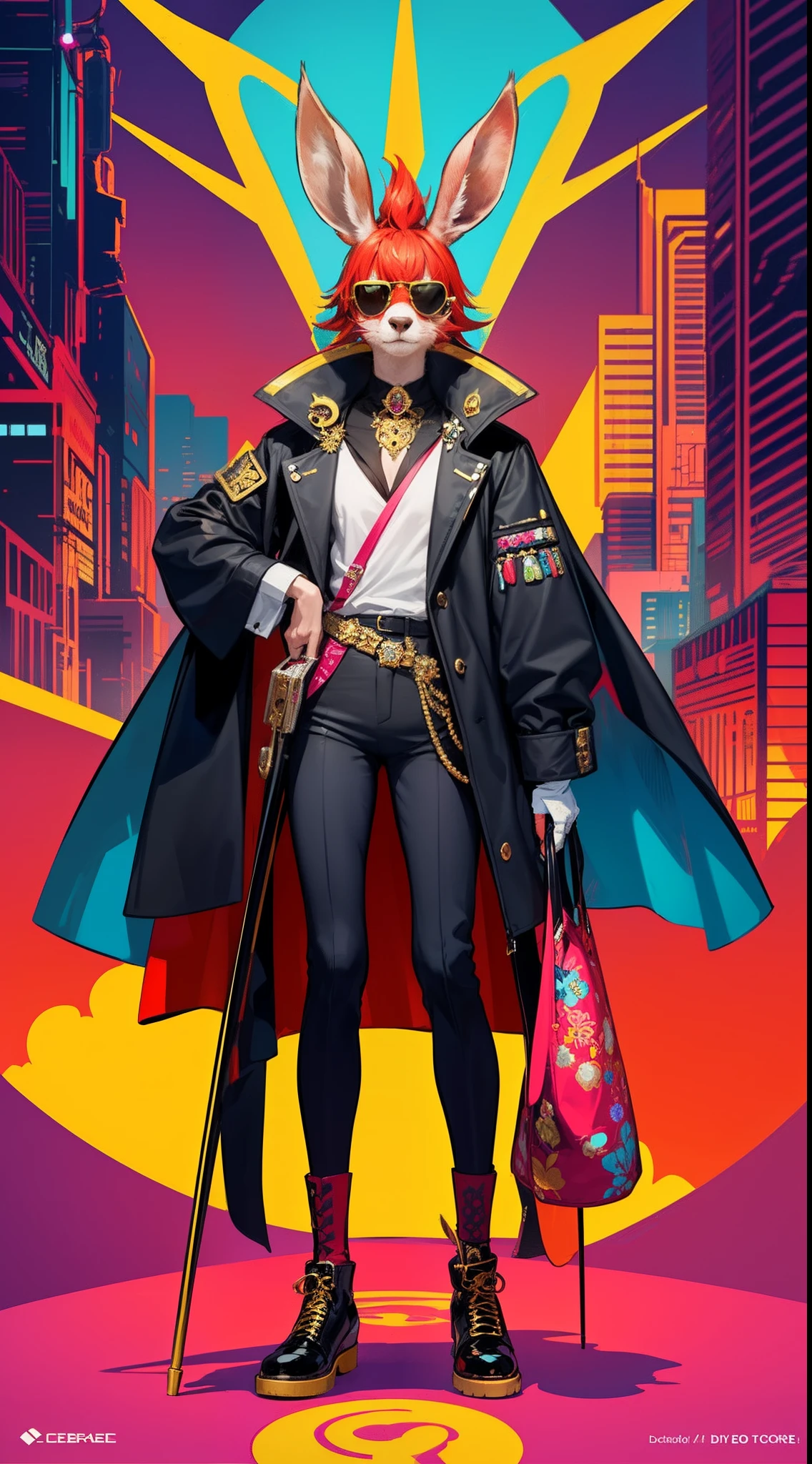 funkypop,wide shot,(anthropomorphism art,future fashion style:1.25),male furry antelope wearing pop art fashion with Abbasid Caliphate color design,Furry claws and body,antelope ears,antelope tail,above knee portriat,Sunglasses,top hat,Holding a cane in the left hand and a bouquet in the right hand,bloomcore cyberpunk Leisure sportswear coat,biophilic cyberpunk city as background,(commercial art,cyberdelic,decopunk,digital art,Beautiful and exquisite jewelry and headwear,diamonds,gold,gemstones:1.25),