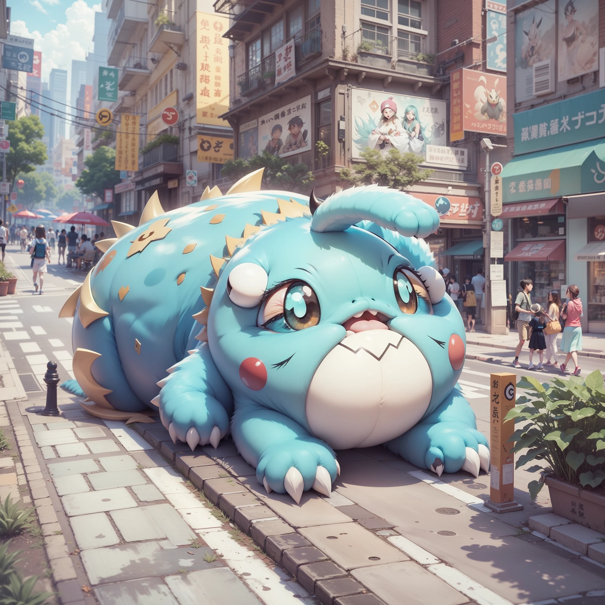 A giant Yogirasu jump in the real world、A pokémon、Giant Monsters、In the street、Yogirasu lying down with cute eyes, galleries that harden、high-level image quality、hiquality、realistic、